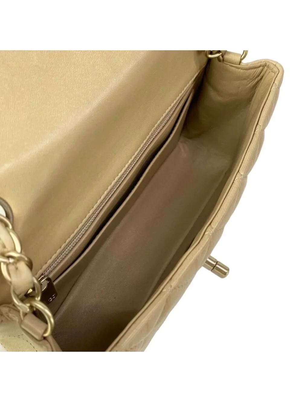 Chanel Shoulder Bag Mini Quilted Beige Matte Togo Chain Lambskin